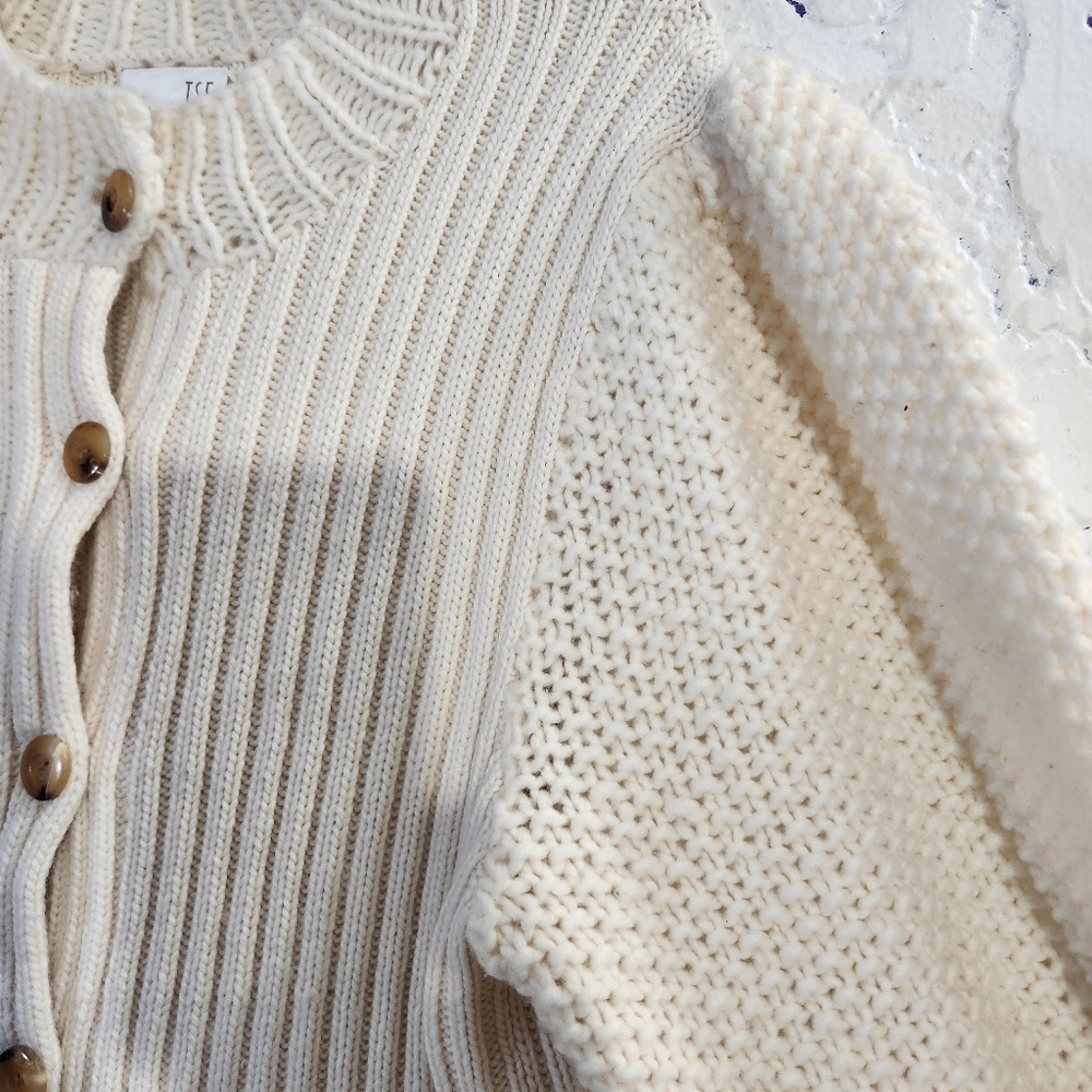 TSE Wool Cashmere Blend Button Dowm Ivory White Balloon Sleeve Knit Sweater - Picture 6 of 12